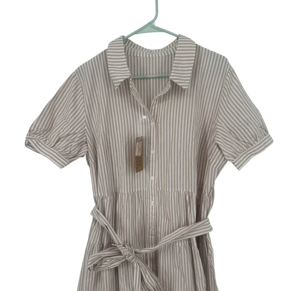 Utcoco Tan White Striped Shirt Dress Cotton Tiered Midi Short Sleeve XL NWT - Picture 2 of 5